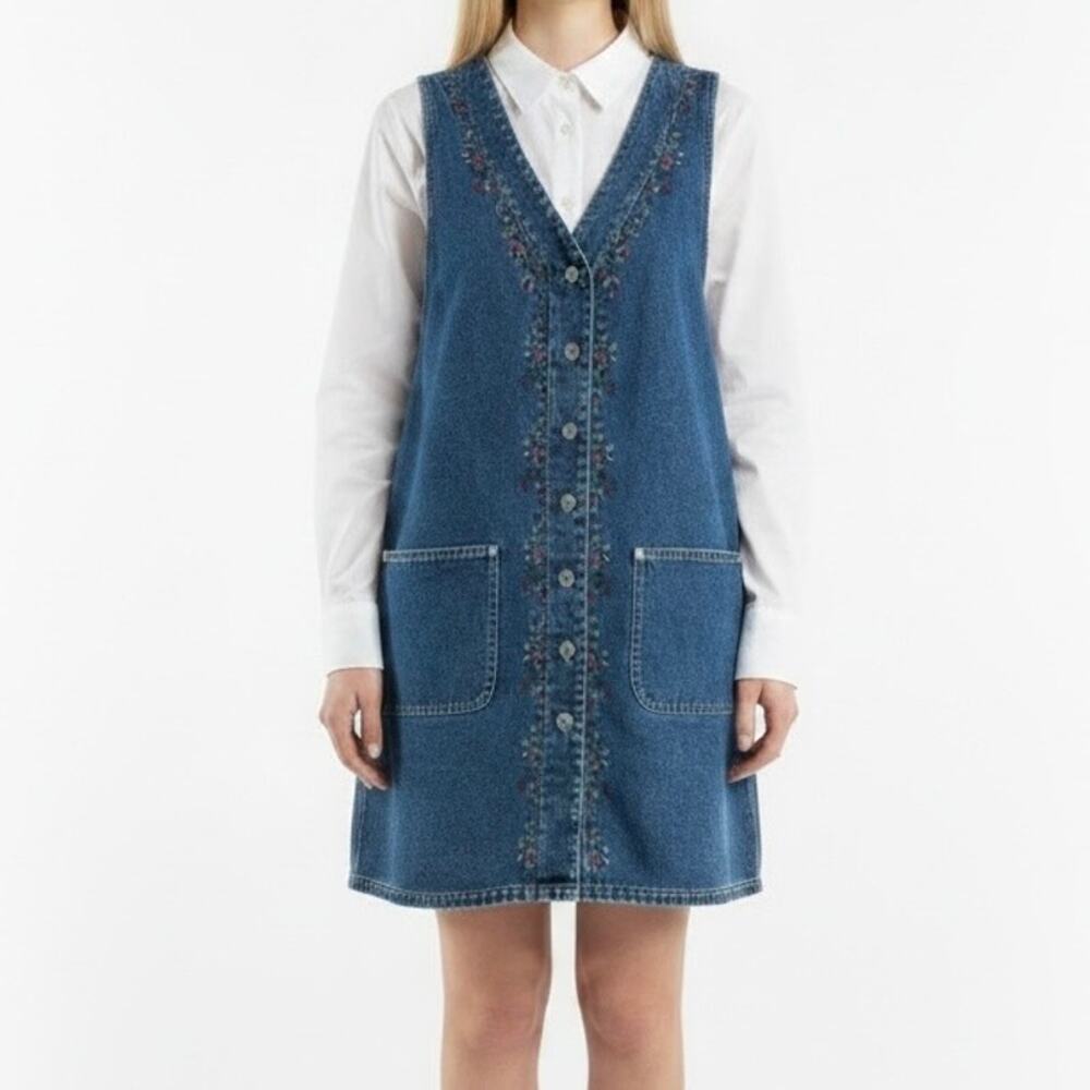 Eric Charles Flloral Embroidered Denim Jumper Dress 90’s Cottagecore Pinafore